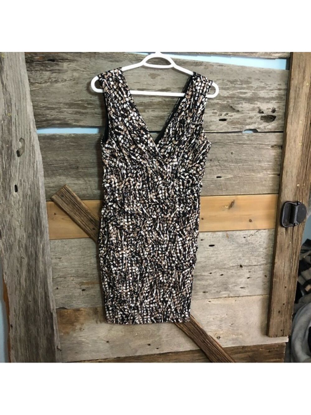 DRESS Barn Petite Size 8 Brown/Tan/White Crossover Top Sleeveless Dress